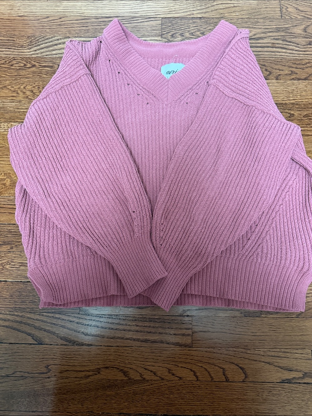aerie Dusty Pink V-Neck Cold-Shoulder Ribbed Sweater